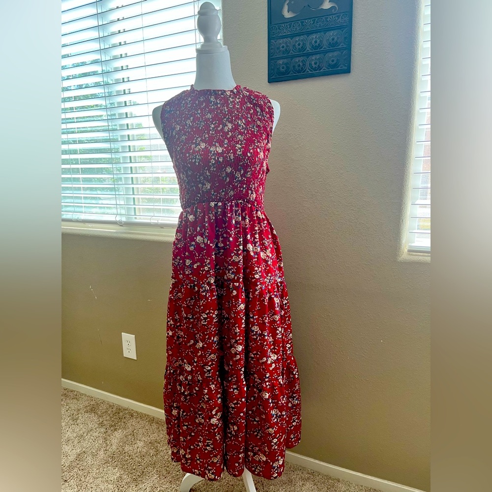 Red/Floral Smocked Summer Midi Dress, size M
